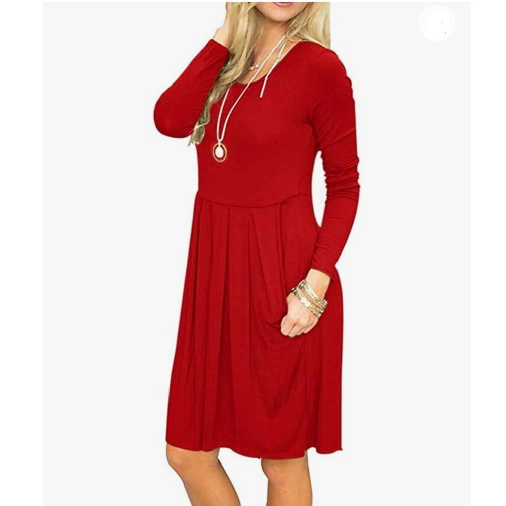 AUSELILY pleated loose swing red dress with pockets Size Large stretchable